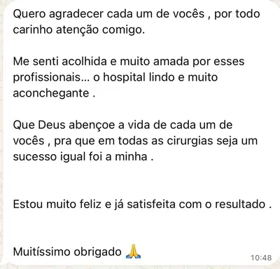Depoimento de paciente enviado por WhatsApp agradecendo a equipe do Dr. Leonardo Barcelos