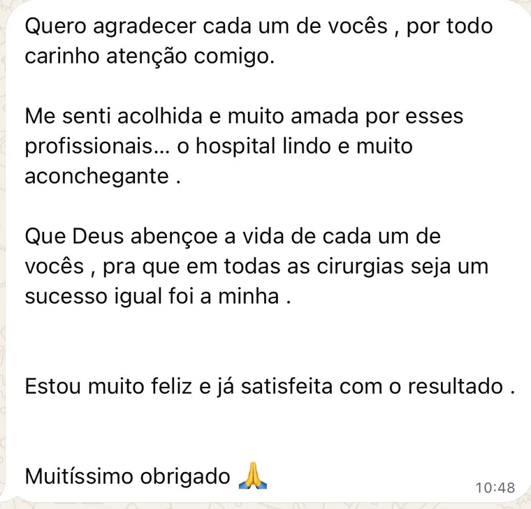 Depoimento de paciente enviado por WhatsApp agradecendo a equipe do Dr. Leonardo Barcelos